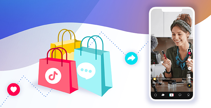 A woman on TikTok with graphics of social media icon shopping bags to the left side of the image