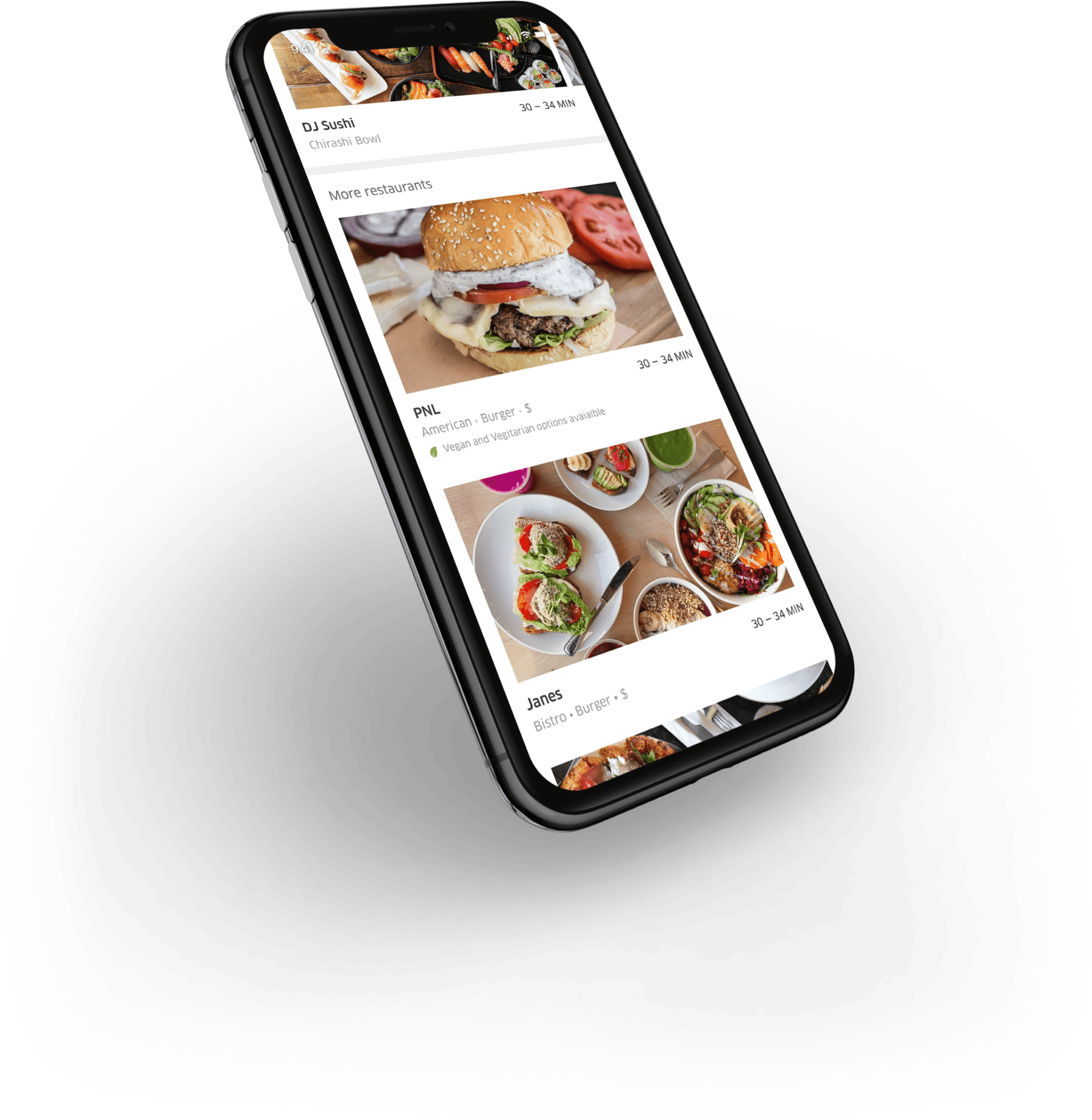 Mockup of an app on a mobile device that's slightly tilted back and left