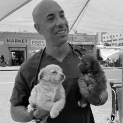 Dr. Kwane Stewart holding two puppies.