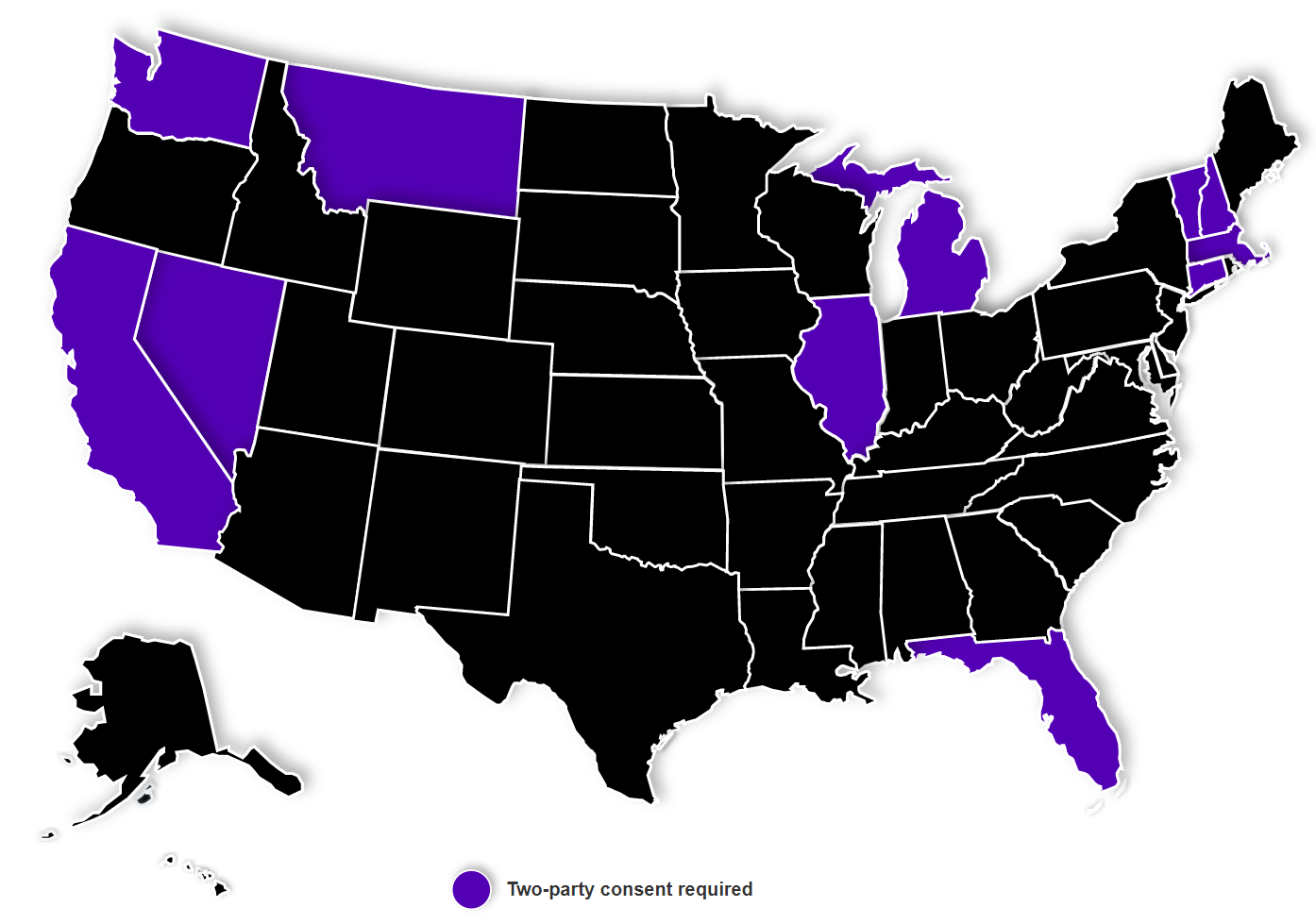 Map of the two-party consent states in the US.