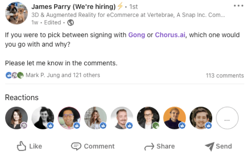 Gong vs Chorus Post on LinkedIn by James Parry