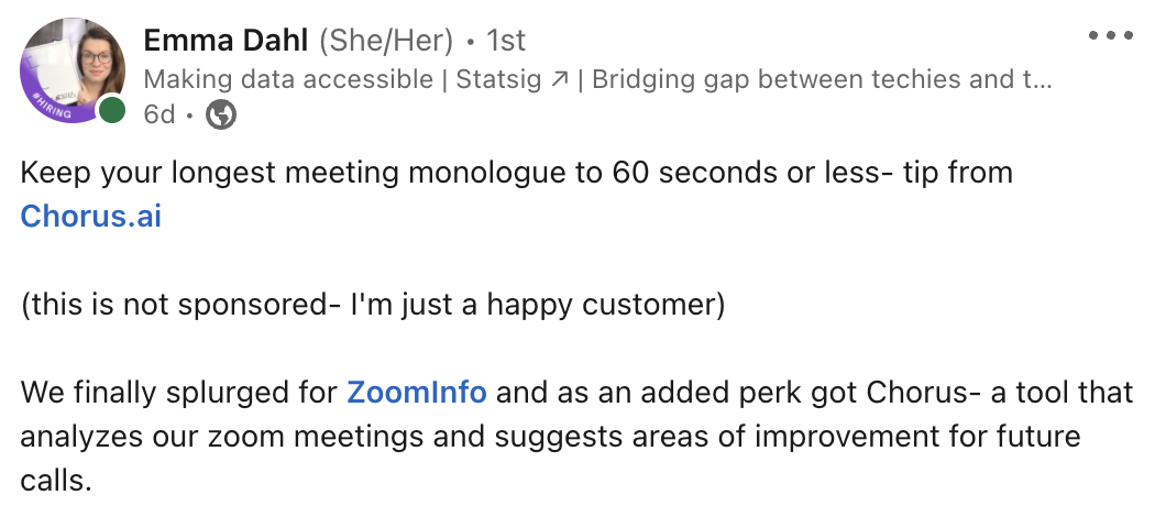 Chorus as ZoomInfo Post on LinkedIn by Emma Dahl.