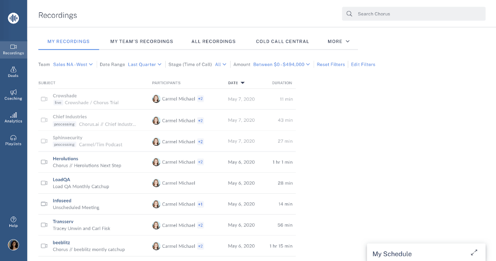 Gong Deal Intelligence: view all call recordings in Chorus.