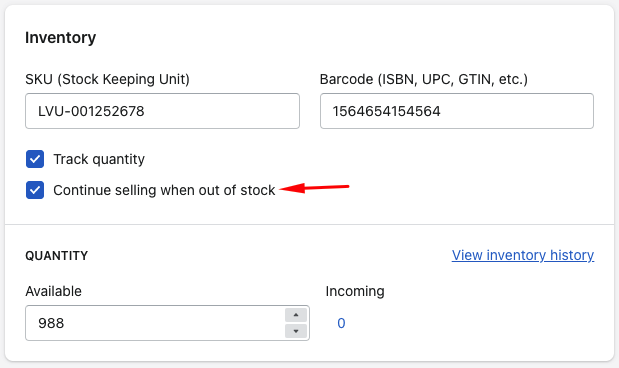 Enabling Continue selling when out of stock in Shopify