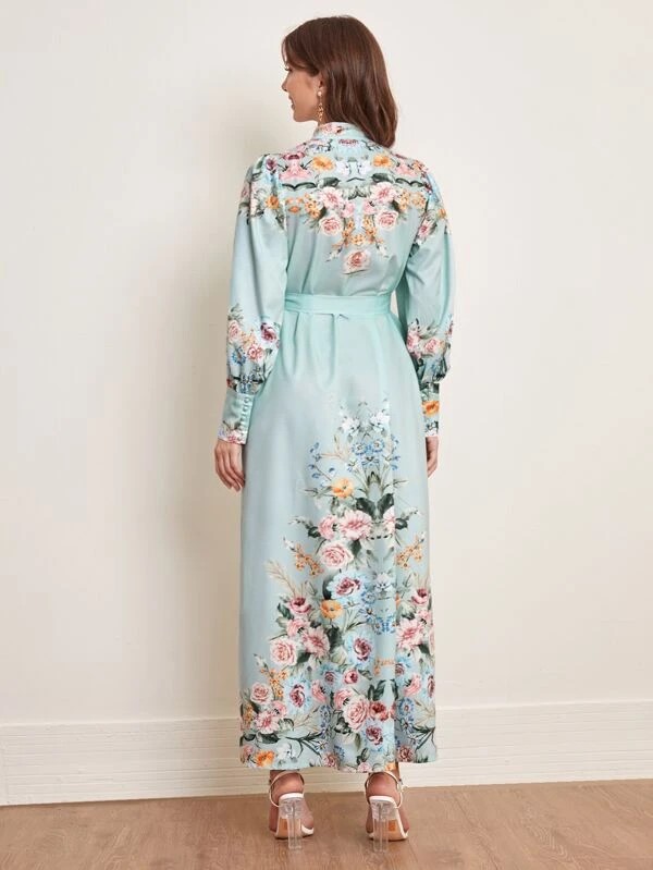 Floral Print Self Belted Shirt Dress 