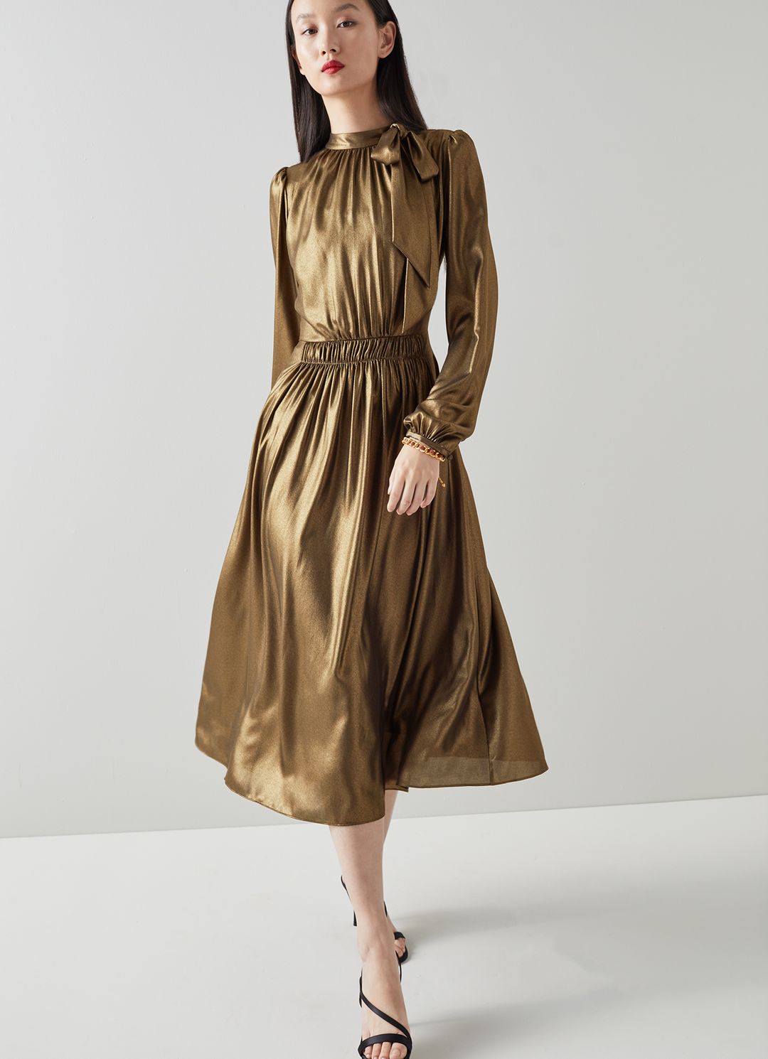 GISH GOLD LAME TIE NECK DRESS - LK Bennett