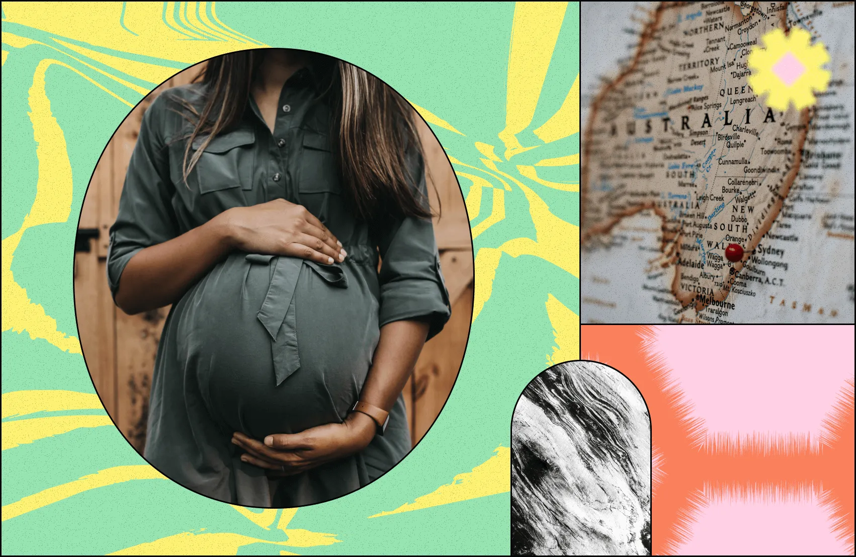 Pregnant person alongside map of Australia