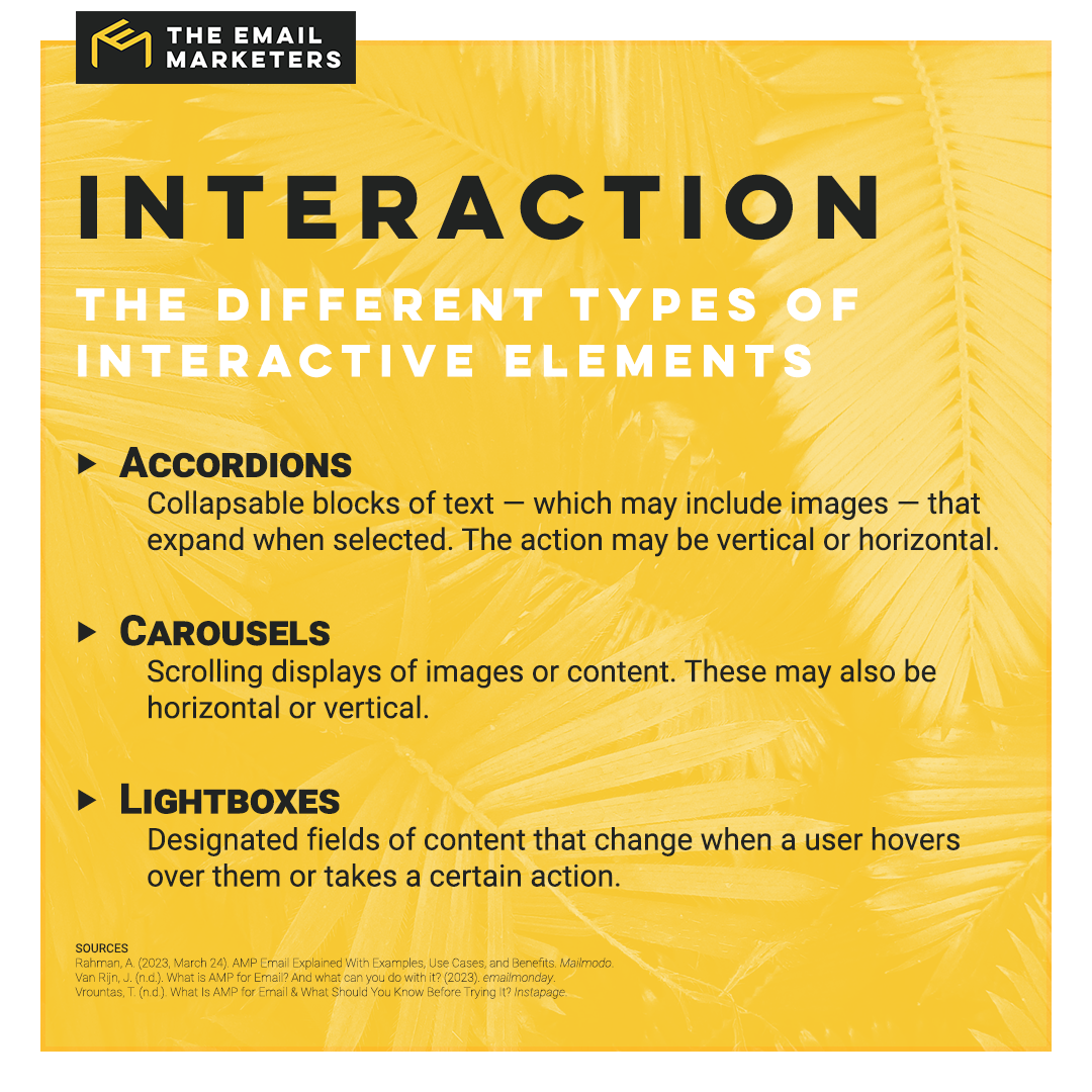 An informational graphic about the three major interactive elements in an AMP email: accordions, carousels, and lightboxes.