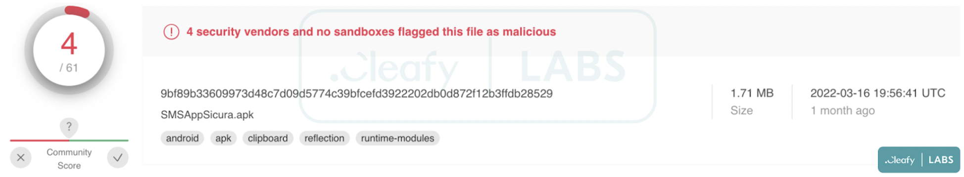 Figure 7 – Low detection of the SMS stealer app