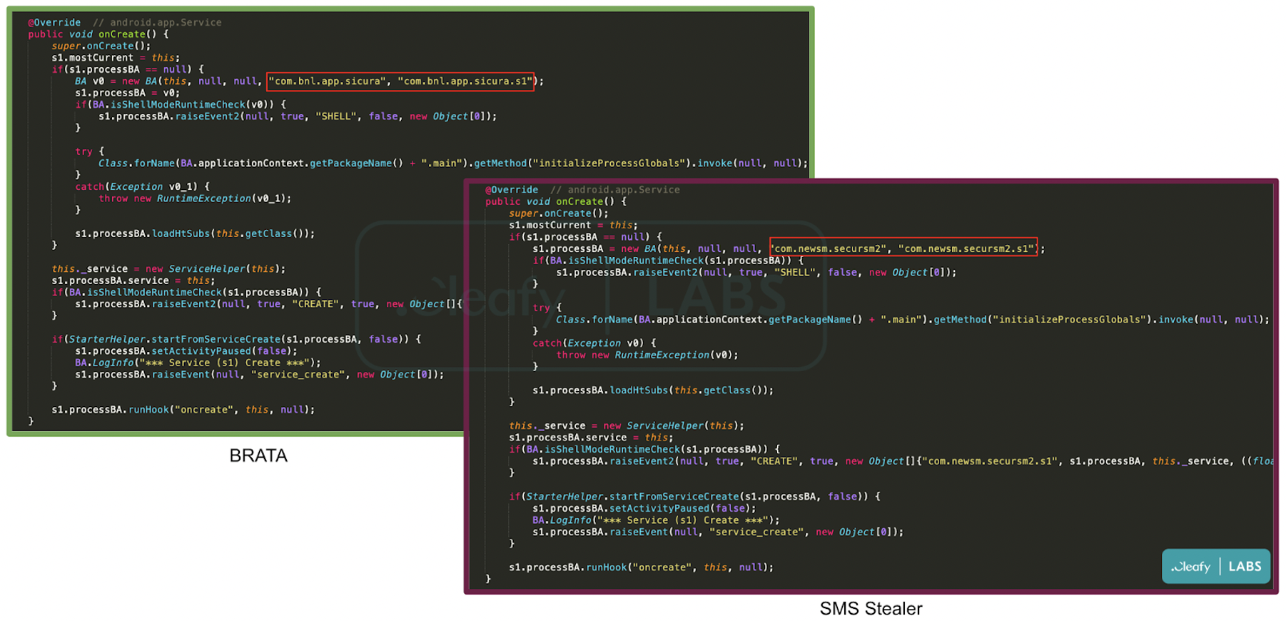 Figure 10 – Code similarities between BRATA and SMS stealer