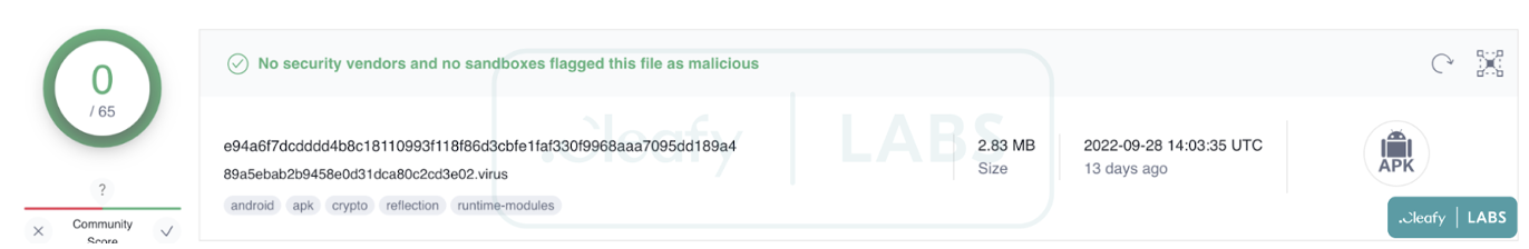 Figure 3 - Antivirus detection of the Vultur’s dropper application
