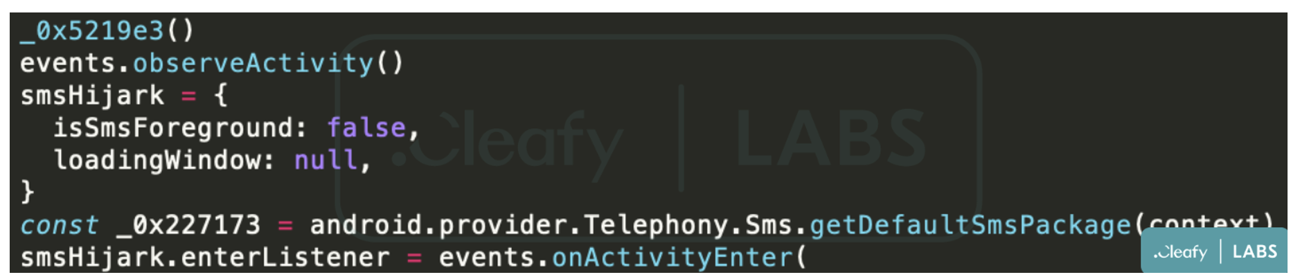 Figure 9 - A portion of code used in the sms hijack method