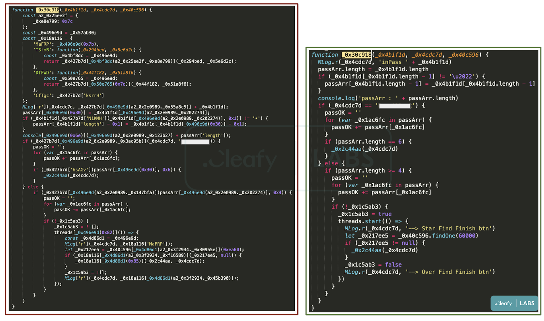 Figure 10 - Comparison of the same function obfuscated (left) and partially deobfuscated (right)