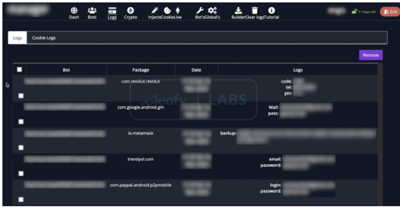 Figure 21 - Details of exfiltrated data (known as “logs”)
