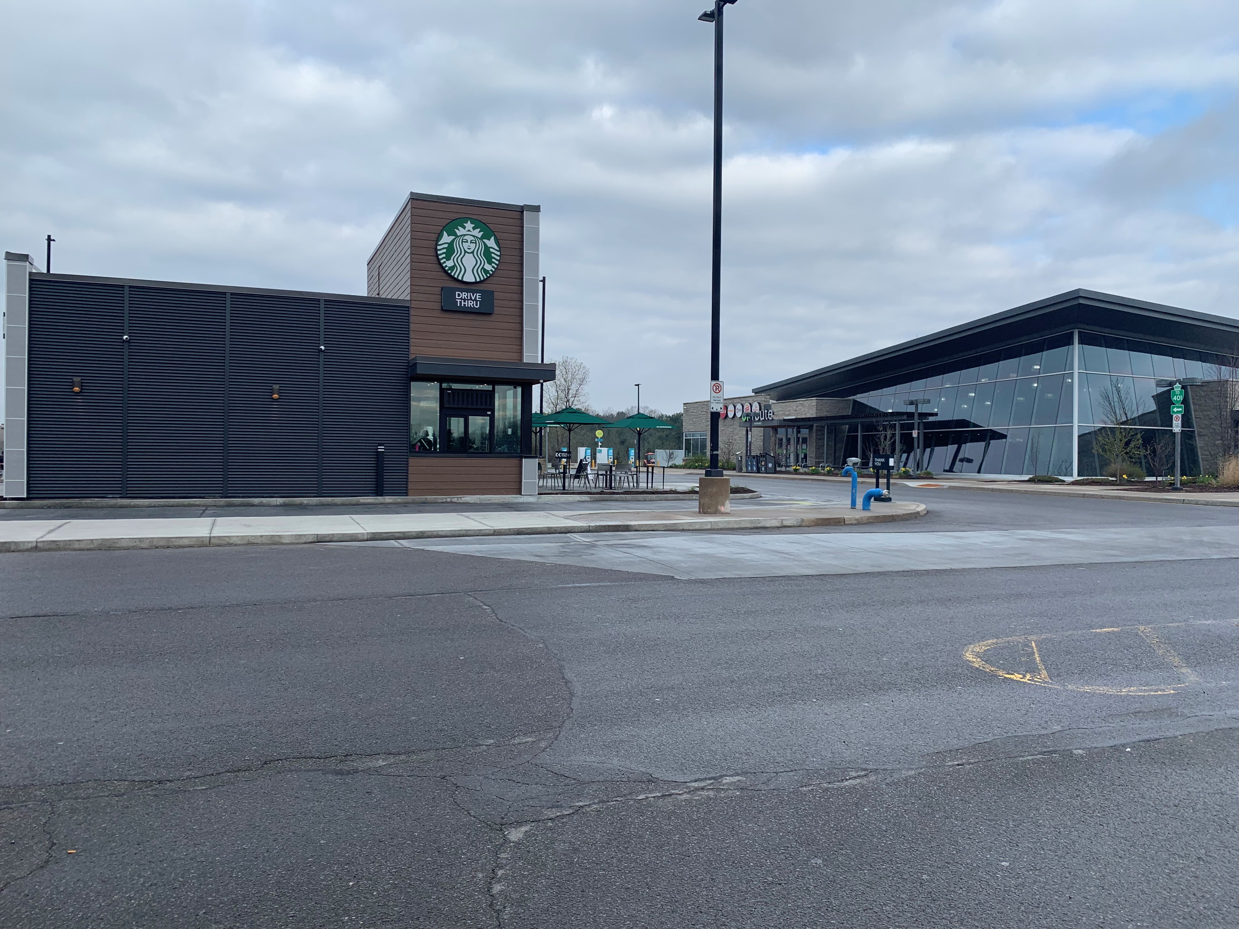 starbucks building on the left, ONroute building on the right. 