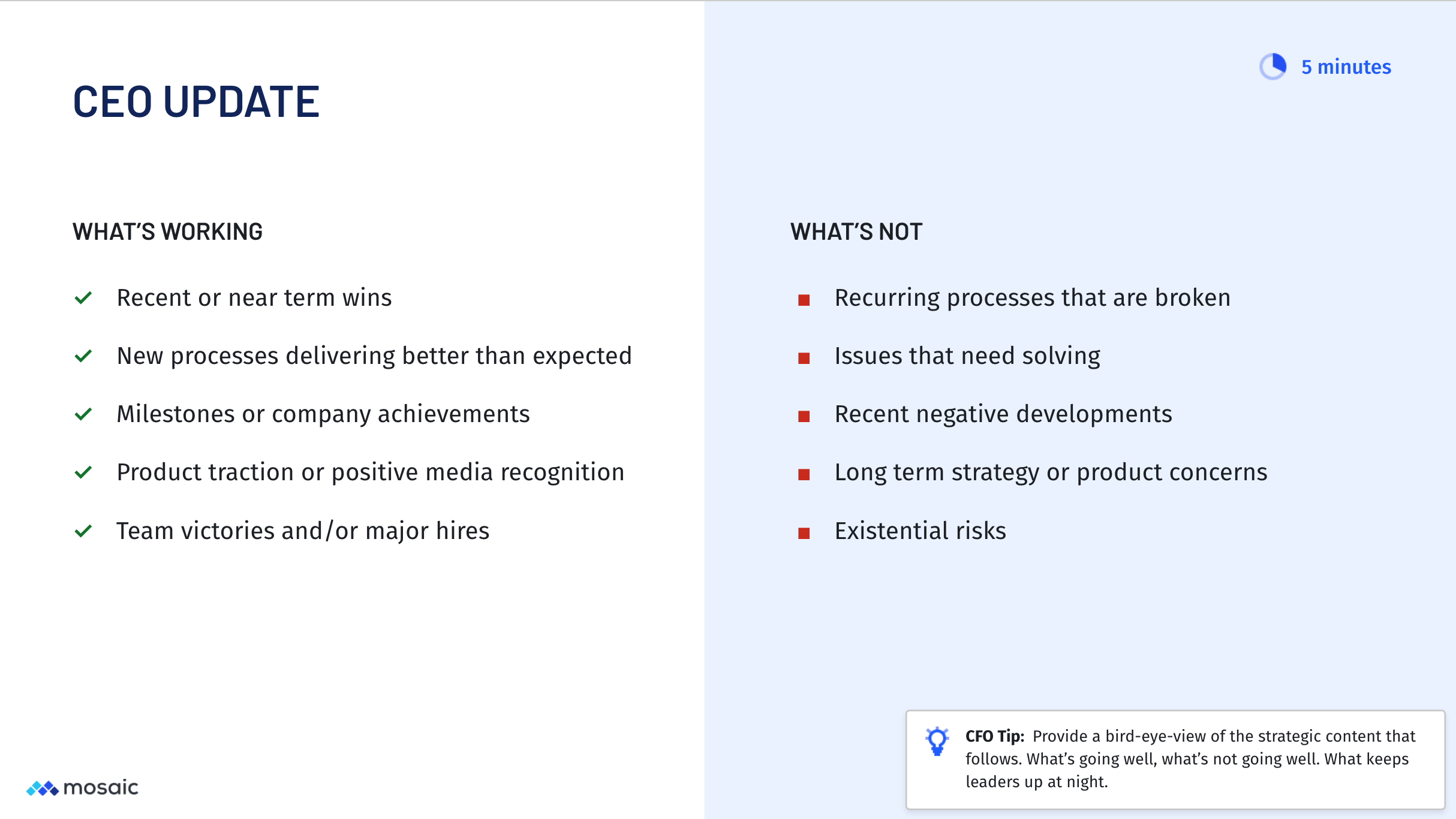 Sample CEO update slide from SaaS board deck template