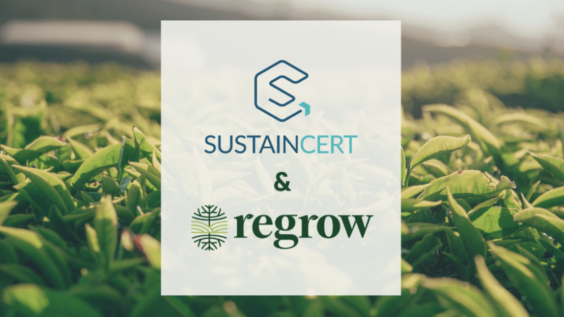 screenshot of Sustaincert and Regrow logos with crop fields in the background