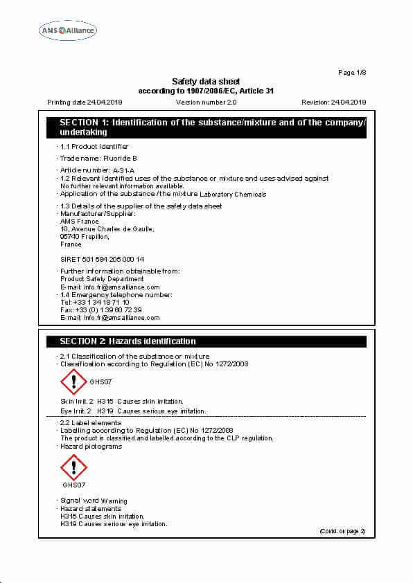 FluorideB Safety Data Sheet Material Safety Data Sheet