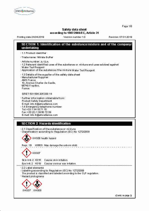 Nitrate Buffer Safety Data Sheet Material Safety Data Sheet