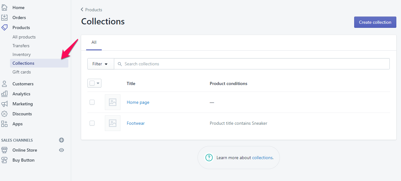 Ajouter une page de collection pour shopify étape 2