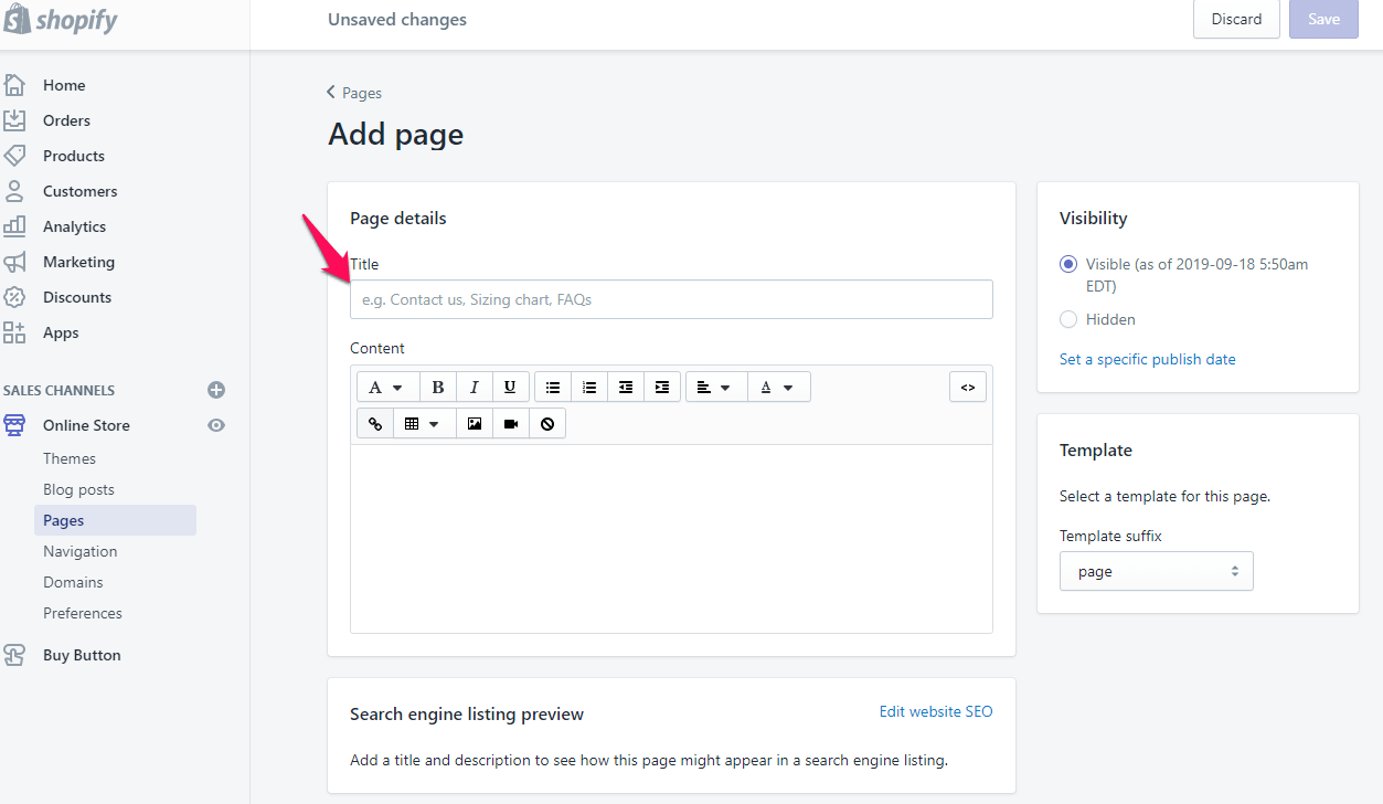 Ajouter une page à shopify Étape 4