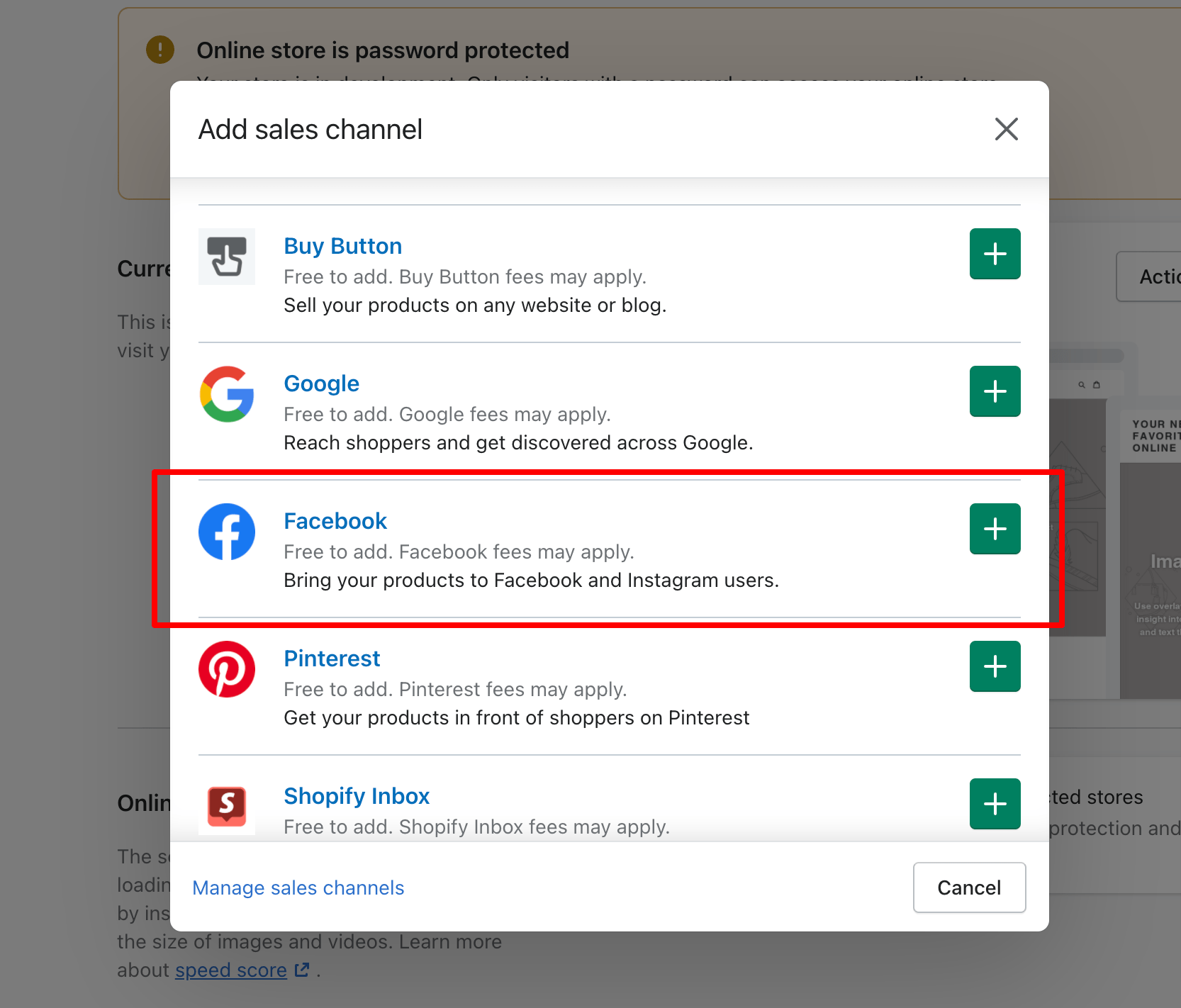facebook shopify sales channel add