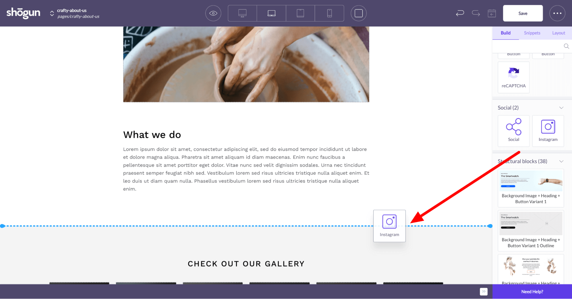 shogun page builder visual editor drag and drop instagram element