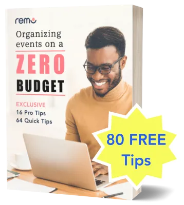 uma capa de livro para organizar eventos virtuais com um orçamento zero e 80 conselhos gratuitos.