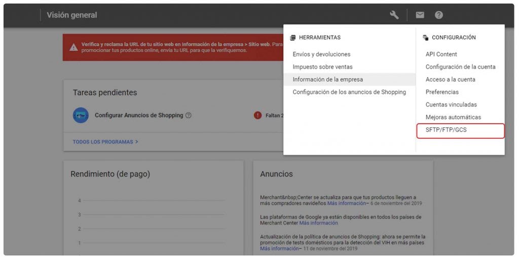 Usar FTPs para configurar productos Google merchant center