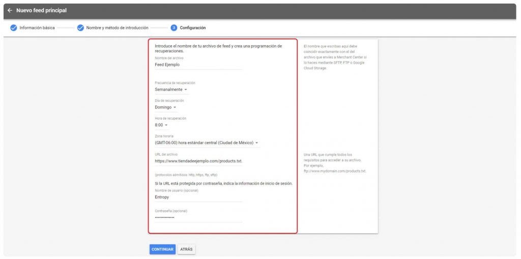 configurar el feed de google merchant center