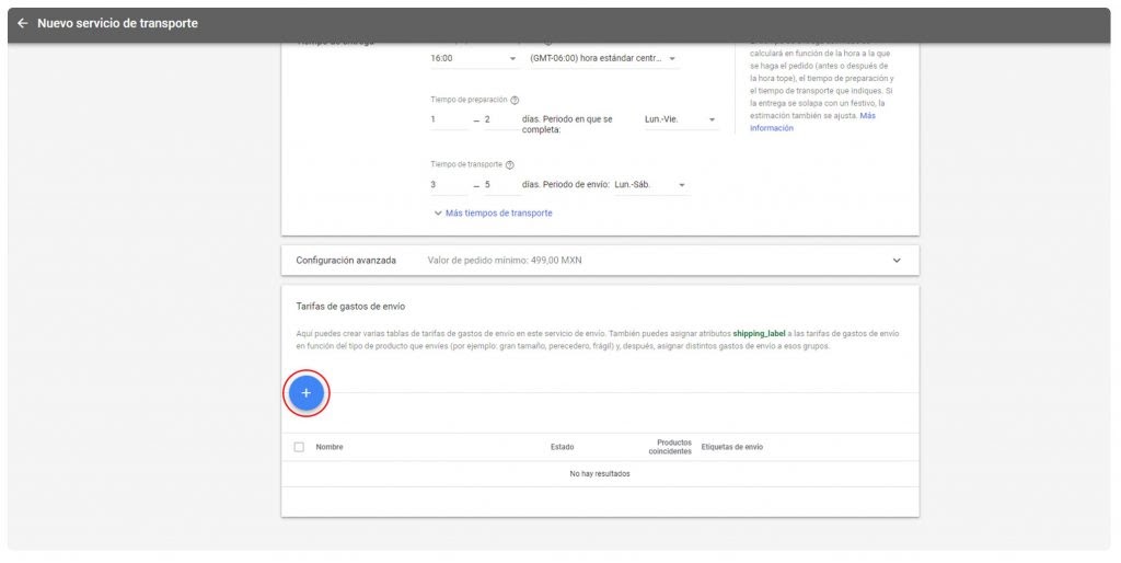 tarifas de envío configurar google