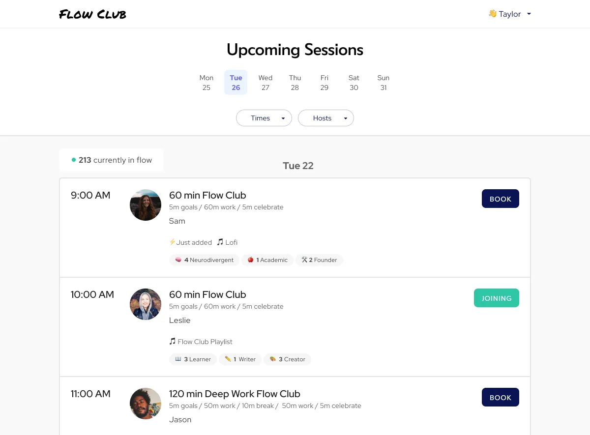 Flow Club schedule
