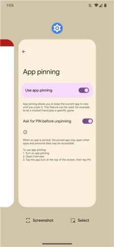 Android app pinning settings screen with other Android apps