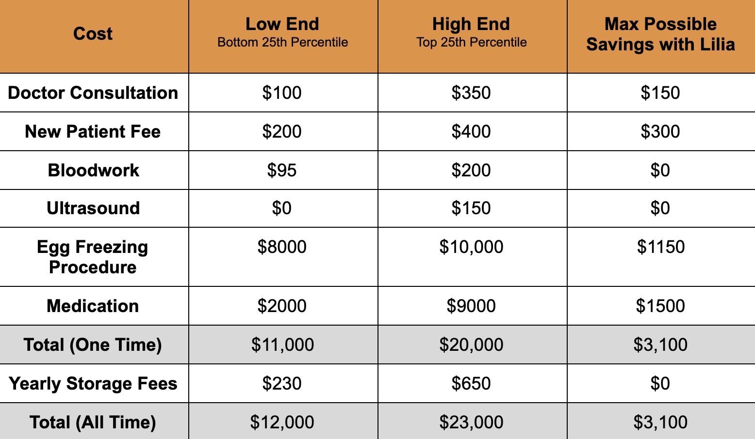 Summarized Costs Table