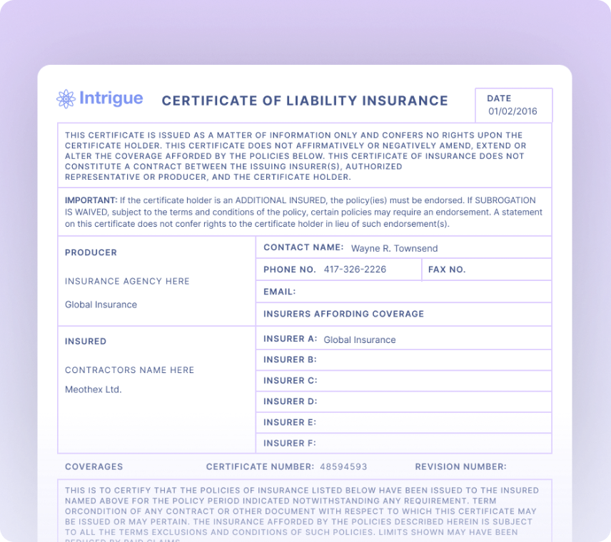 Certificates of Liability Insurance