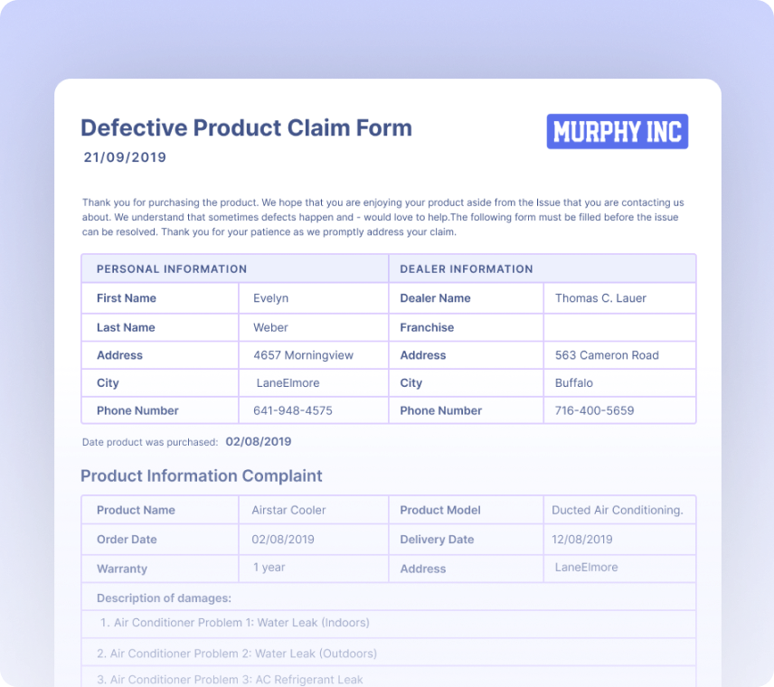 Defective Product Claim Form OCR & Automated Workflows