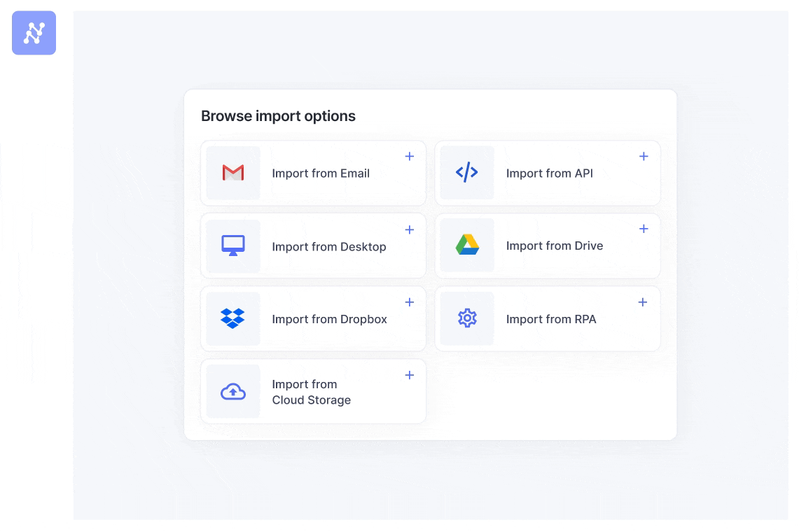 Easily upload your PDFs or images through various methods such as email, API, desktop, Drive, Dropbox, RPA, or cloud storage.