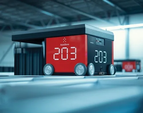 Red AutoStore R5 robot in motion on top of a grid. Photo.