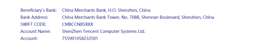 You'll need to send a wire transfer to this address to verify your WeChat Official Account.