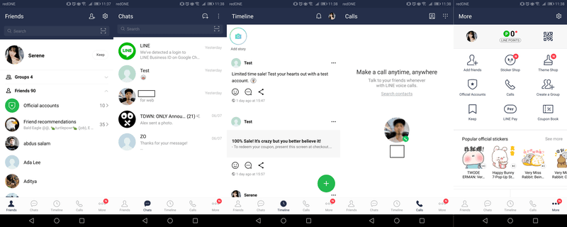 The app's 5 main panels which shows your friends, groups, timeline, calls and more.