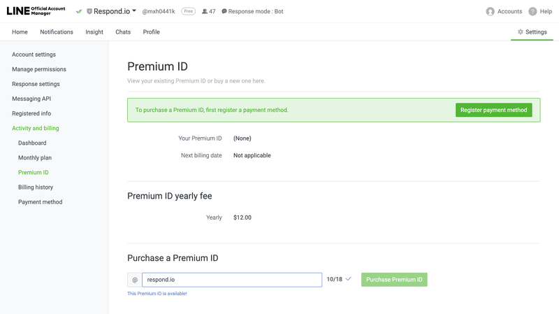 This page shows you how to buy a Premium ID for your LINE Official Account. The LINE Premium ID costs $12.00 per year.