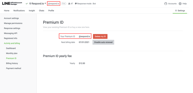 This page shows you that your LINE Premium ID has been successfully created on your LINE Official Account Manager.