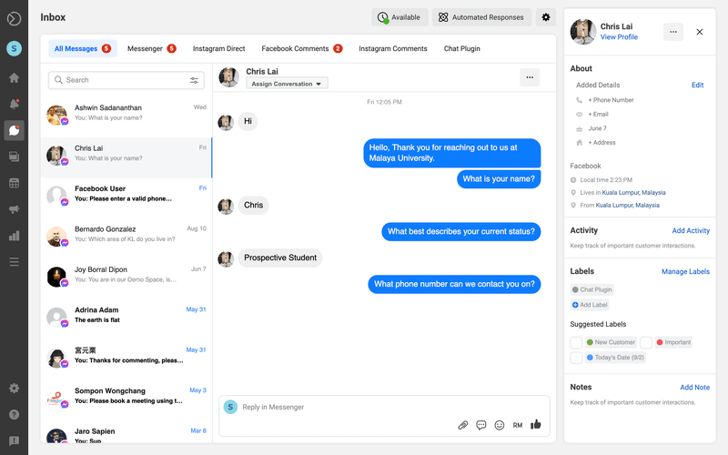 Todas as tuas conversas do widget do messenger serão guardadas na Caixa de entrada do Facebook. Esta é uma vantagem quando adiciona Facebook Messenger ao seu site.