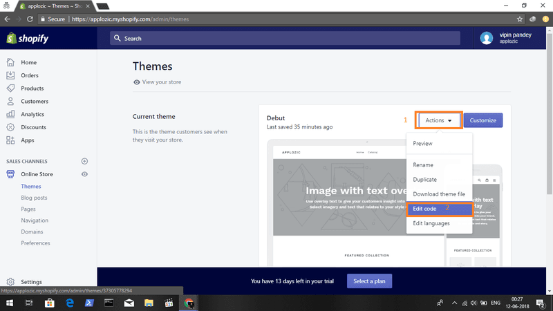 Sobald Sie Ihr Facebook Kunden-Chat-Plugin-Skript fertig haben, navigieren Sie zu Ihren Shopify-Themen und bearbeiten Sie den Code. Dies lohnt sich, wenn Sie Shopify in einem Land verwenden, in dem Messenger populär ist, wie z. B. in Indien, auf den Philippinen, im Vereinigten Königreich (UK) oder in den Vereinigten Staaten (US).