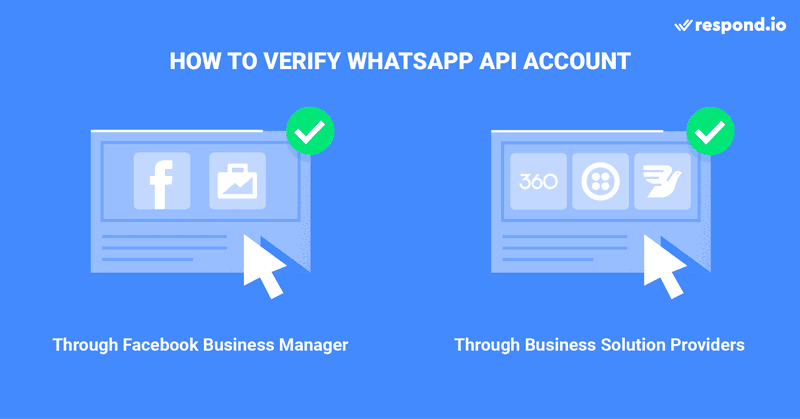 This is an image on how to verify a WhatsApp API account. A verified WhatsApp API account adds credibility to your business and is more recognizable with a visible business name in the profile. You can request for WhatsApp API verification directly on Facebook Business Manager. Alternatively, you can verify your WhatsApp account through BSPs such as 360dialog, Twilio and MessageBird.