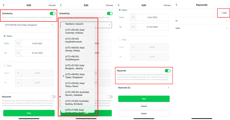 ဒါက လိုင်း app Appo ပြန်ဖြေဖို့ ဘယ်လို ဖန်တီးရမလဲဆိုတာ ဖော်ပြတဲ့ ဖန်သားပြင်ပုံပါ။ သင်၏မော်တော်ကားတုံ့ပြန်မှုသတင်းအတွက် အချိန် သို့မဟုတ် ရက်စွဲကို အချိန် သို့မဟုတ် ရက်စွဲတပ်ထားရန် ခိုင်ခံ့သောခလုတ်ကိုဖွင့်ပါ။ ခင်ဗျား ပြီးသွားပြီဆိုရင် သော့ချက်ဝါဒီတွေထဲ ထည့်ပြီး သိမ်းဆည်းပါ။