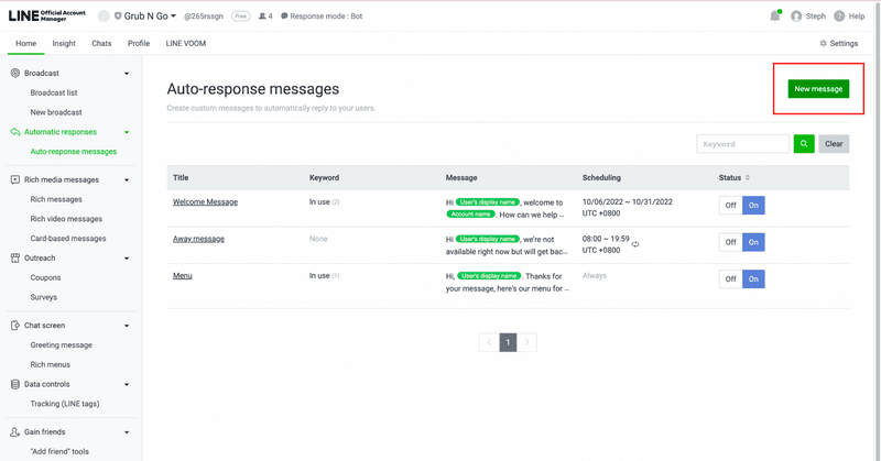 This is a screenshot that describes how to create Line@ auto reply message. Click New message to create your LINE auto reply.