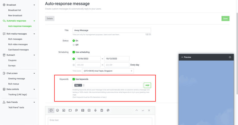 This is a screenshot that describes how to create auto-reply line. Check Use keywords and enter your keywords in the box below.