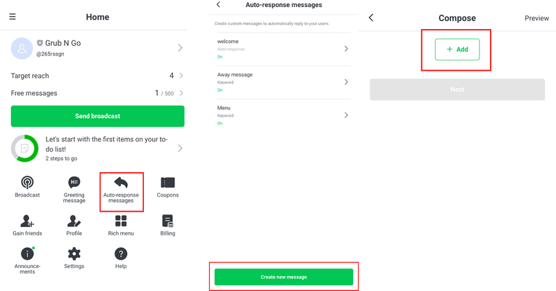 Esta es una captura de pantalla que muestra cómo crear una línea de respuesta automática en la aplicación de cuenta oficial. En la página de inicio de la aplicación Cuenta Oficial LINE , toca Mensajes de respuesta automática. A continuación, pulsa el botón + Añadir y selecciona los tipos de mensajes que deseas crear en la página Mensajes de respuesta automática. 