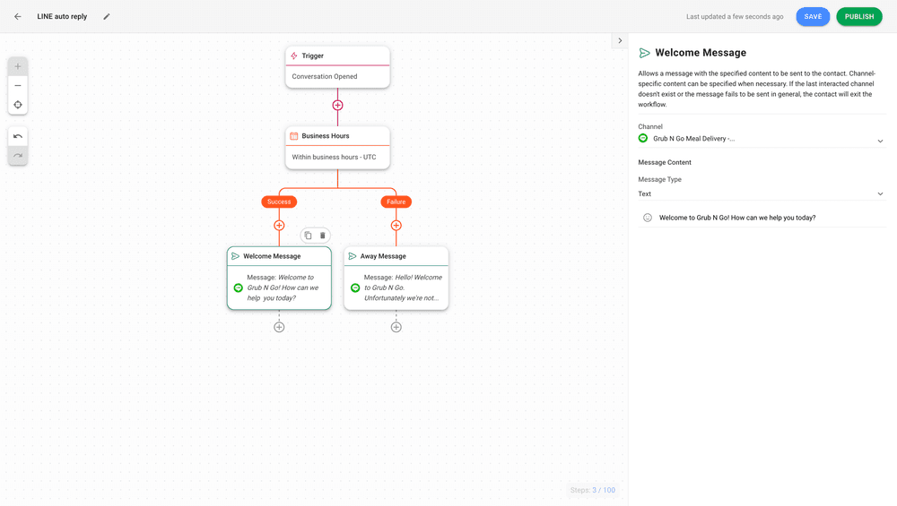 Dieser Screenshot zeigt, wie Sie automatische Antwortnachrichten auf respond.io einrichten können. Verfassen Sie Ihre Begrüßungs- und Abwesenheitsnachrichten unter Text.